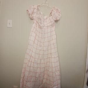 Universal Thread Sundress Women's L‎ Pink White Plaid Puff Short Sleeve Summer